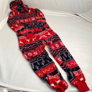 Mandee red and navy plush hooded onesie pajama S